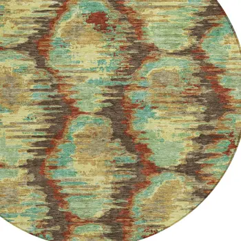 8' Brown Gold And Teal Blue Round Abstract Washable Indoor Outdoor Area Rug
