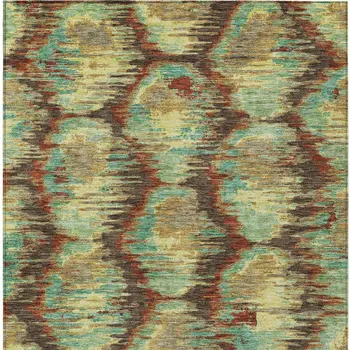 8' X 10' Brown Gold And Teal Blue Abstract Washable Indoor Outdoor Area Rug