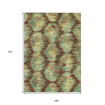 9' X 12' Brown Gold And Teal Blue Abstract Washable Indoor Outdoor Area Rug