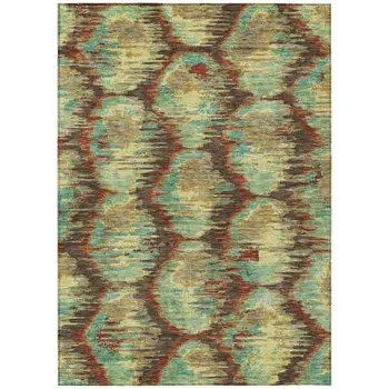 9' X 12' Brown Gold And Teal Blue Abstract Washable Indoor Outdoor Area Rug