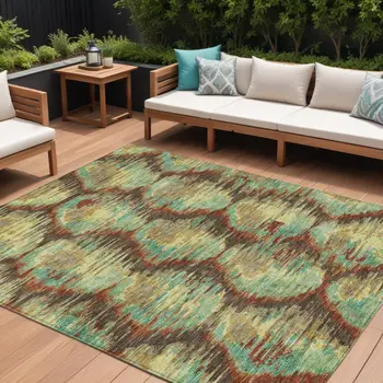 10' X 14' Brown Gold And Teal Blue Abstract Washable Indoor Outdoor Area Rug