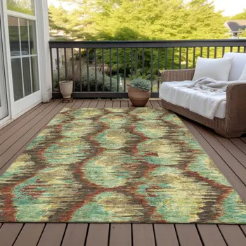 10' X 14' Brown Gold And Teal Blue Abstract Washable Indoor Outdoor Area Rug