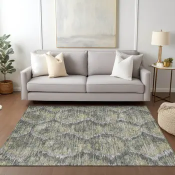 3' X 5' Gray Silver And Wheat Abstract Washable Indoor Outdoor Area Rug