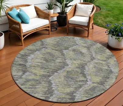 8' Gray Silver And Wheat Round Abstract Washable Indoor Outdoor Area Rug
