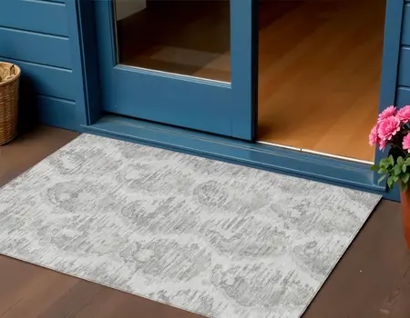 3' X 5' Ivory Silver And Taupe Abstract Washable Indoor Outdoor Area Rug
