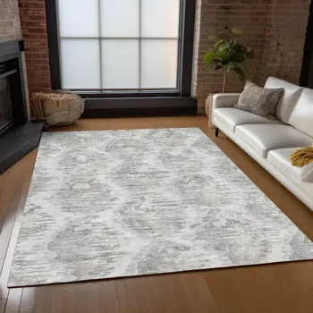 3' X 5' Ivory Silver And Taupe Abstract Washable Indoor Outdoor Area Rug