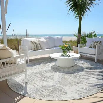 8' Ivory Silver And Taupe Round Abstract Washable Indoor Outdoor Area Rug