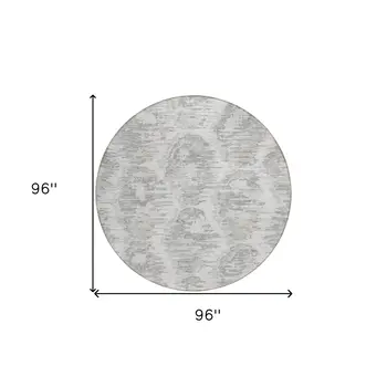 8' Ivory Silver And Taupe Round Abstract Washable Indoor Outdoor Area Rug