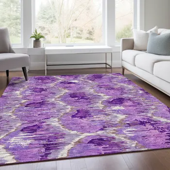 3' X 5' Lavender Purple And Ivory Abstract Washable Indoor Outdoor Area Rug