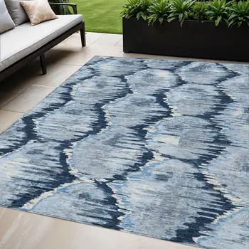 5' X 8' Navy Blue Sky Blue And Ivory Abstract Washable Indoor Outdoor Area Rug