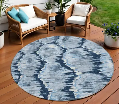 8' Navy Blue Sky Blue And Ivory Round Abstract Washable Indoor Outdoor Area Rug
