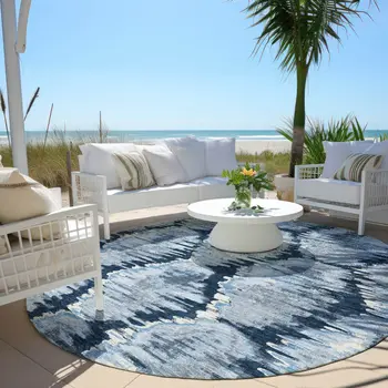 8' Navy Blue Sky Blue And Ivory Round Abstract Washable Indoor Outdoor Area Rug