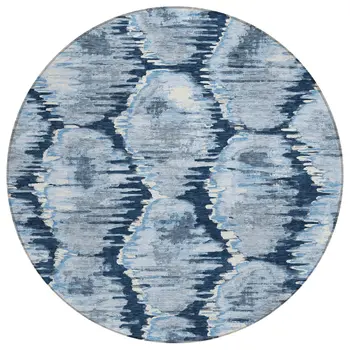 8' Navy Blue Sky Blue And Ivory Round Abstract Washable Indoor Outdoor Area Rug