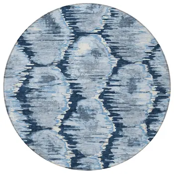 8' Navy Blue Sky Blue And Ivory Round Abstract Washable Indoor Outdoor Area Rug