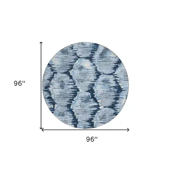8' Navy Blue Sky Blue And Ivory Round Abstract Washable Indoor Outdoor Area Rug