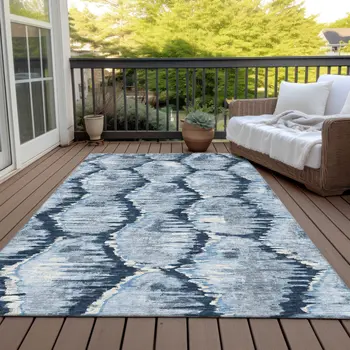 9' X 12' Navy Blue Sky Blue And Ivory Abstract Washable Indoor Outdoor Area Rug