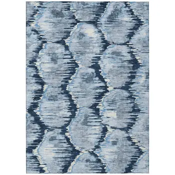 9' X 12' Navy Blue Sky Blue And Ivory Abstract Washable Indoor Outdoor Area Rug