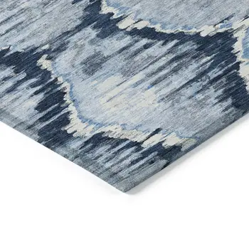 9' X 12' Navy Blue Sky Blue And Ivory Abstract Washable Indoor Outdoor Area Rug