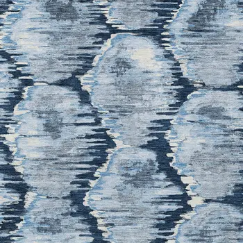 9' X 12' Navy Blue Sky Blue And Ivory Abstract Washable Indoor Outdoor Area Rug