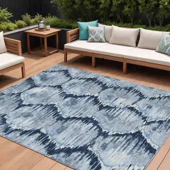 10' X 14' Navy Blue Sky Blue And Ivory Abstract Washable Indoor Outdoor Area Rug