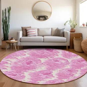 8' Pink Blush And Mauve Round Abstract Washable Indoor Outdoor Area Rug