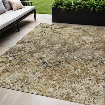 5' X 8' Beige Brown And Copper Geometric Washable Indoor Outdoor Area Rug