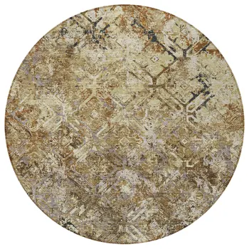 8' Beige Brown And Copper Round Geometric Washable Indoor Outdoor Area Rug