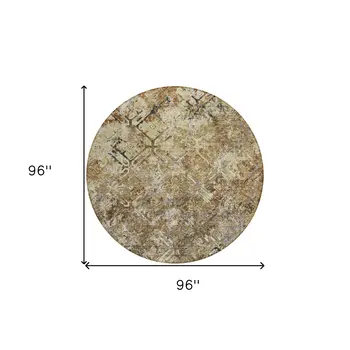 8' Beige Brown And Copper Round Geometric Washable Indoor Outdoor Area Rug