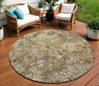 8' Beige Brown And Copper Round Geometric Washable Indoor Outdoor Area Rug