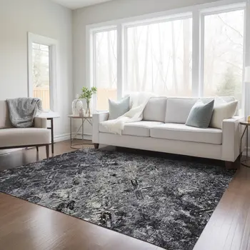 3' X 5' Black Gray And Silver Geometric Washable Indoor Outdoor Area Rug