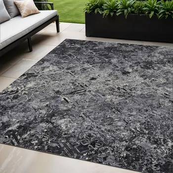 5' X 8' Black Gray And Silver Geometric Washable Indoor Outdoor Area Rug