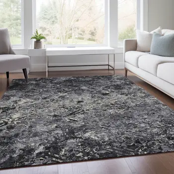 5' X 8' Black Gray And Silver Geometric Washable Indoor Outdoor Area Rug