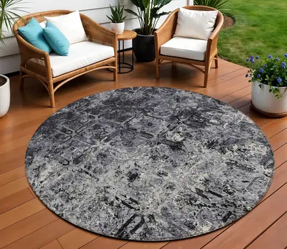 8' Black Gray And Silver Round Geometric Washable Indoor Outdoor Area Rug