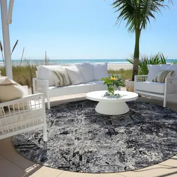 8' Black Gray And Silver Round Geometric Washable Indoor Outdoor Area Rug
