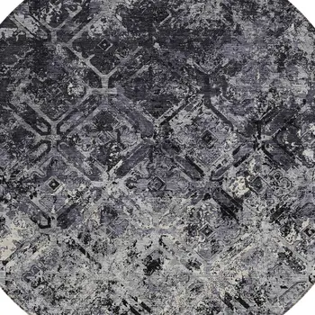 8' Black Gray And Silver Round Geometric Washable Indoor Outdoor Area Rug