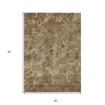 5' X 8' Brown Copper And Gold Geometric Washable Indoor Outdoor Area Rug