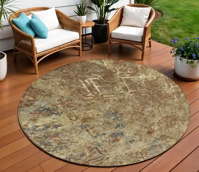 8' Brown Copper And Gold Round Geometric Washable Indoor Outdoor Area Rug