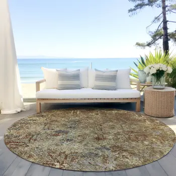 8' Brown Copper And Gold Round Geometric Washable Indoor Outdoor Area Rug
