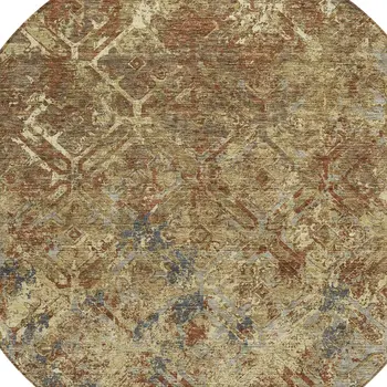 8' Brown Copper And Gold Round Geometric Washable Indoor Outdoor Area Rug