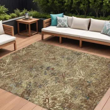 10' X 14' Brown Copper And Gold Geometric Washable Indoor Outdoor Area Rug