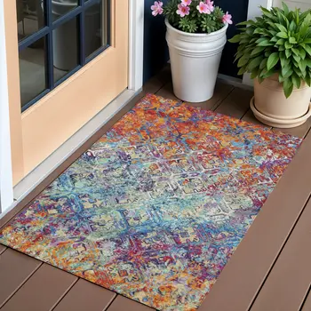 3' X 5' Copper Blue And Red Geometric Washable Indoor Outdoor Area Rug