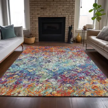 3' X 5' Copper Blue And Red Geometric Washable Indoor Outdoor Area Rug