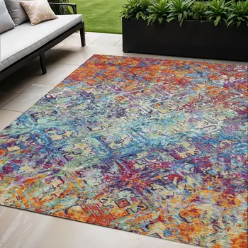 5' X 8' Copper Blue And Red Geometric Washable Indoor Outdoor Area Rug
