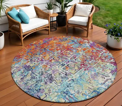 8' Copper Blue And Red Round Geometric Washable Indoor Outdoor Area Rug