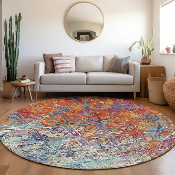 8' Copper Blue And Red Round Geometric Washable Indoor Outdoor Area Rug