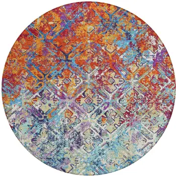 8' Copper Blue And Red Round Geometric Washable Indoor Outdoor Area Rug