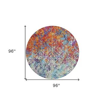 8' Copper Blue And Red Round Geometric Washable Indoor Outdoor Area Rug