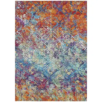 8' X 10' Copper Blue And Red Geometric Washable Indoor Outdoor Area Rug