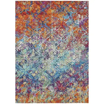 8' X 10' Copper Blue And Red Geometric Washable Indoor Outdoor Area Rug