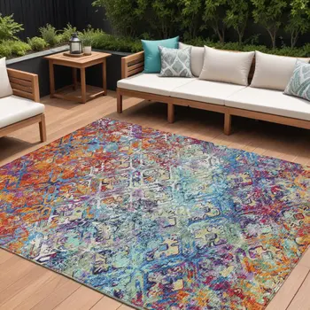 10' X 14' Copper Blue And Red Geometric Washable Indoor Outdoor Area Rug